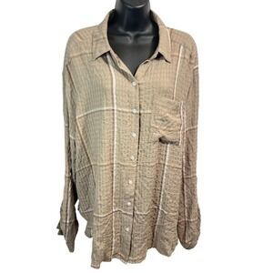 Jane + Delancey Womens XL Taupe Plaid Textured Button Down Shirt‎ Long Sleeve